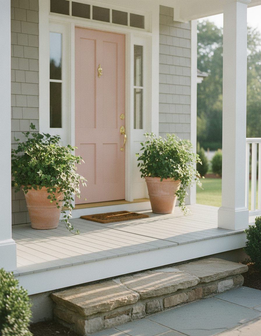 A blush front door with brass hardware and terracotta planters