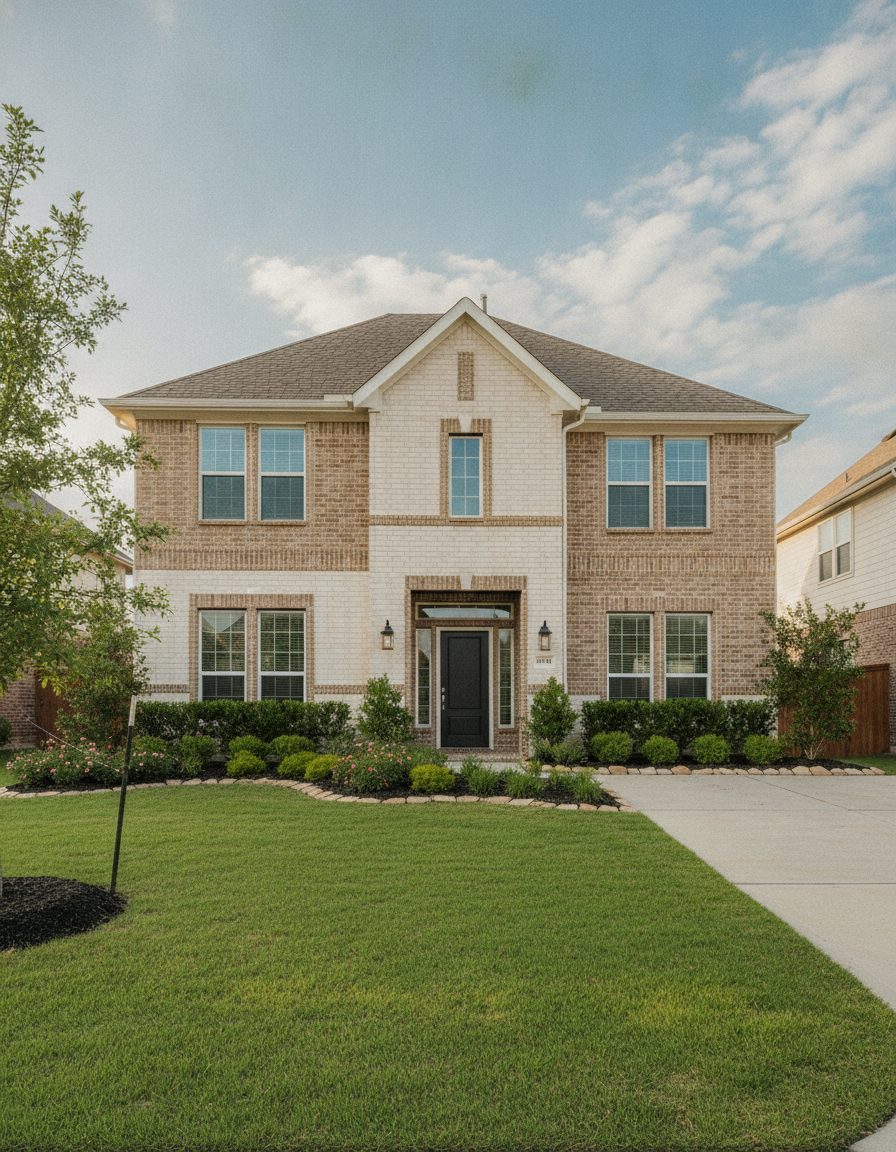 Sunlit two-story brick home with a manicured lawn