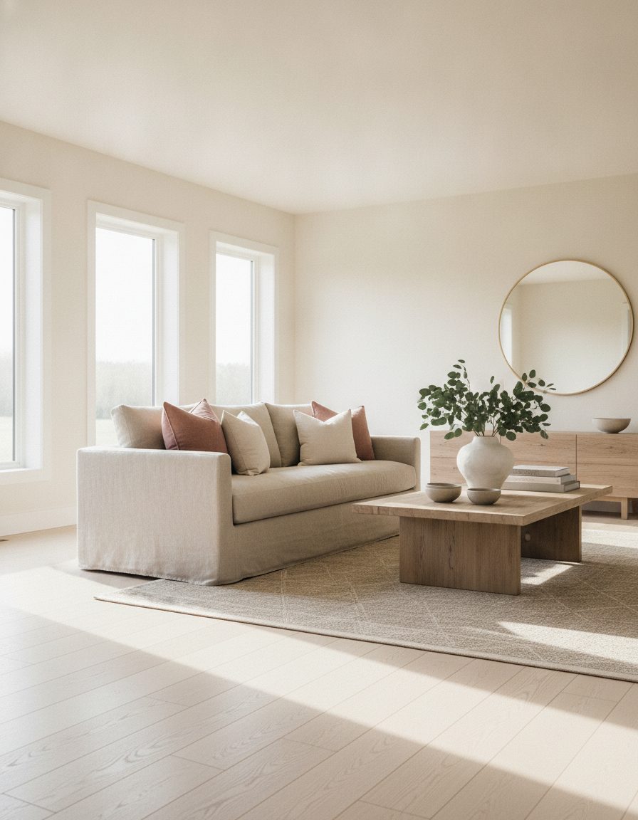 Bright living room with white oak floors and dusty rose cushions