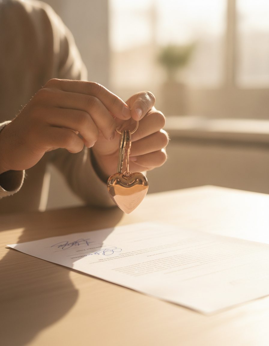 Hands holding a set of house keys on a heart keyring over a signed contract